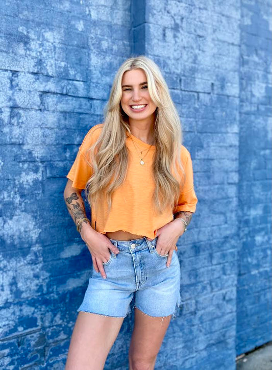 Raw Edge Cut Crop Top - Orange
