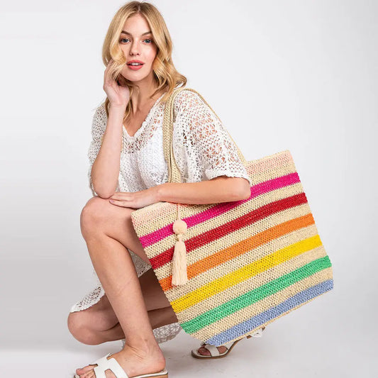 Pom Pom Tassel Multi Color Straw Crochet Tote Bag Beach Bag
