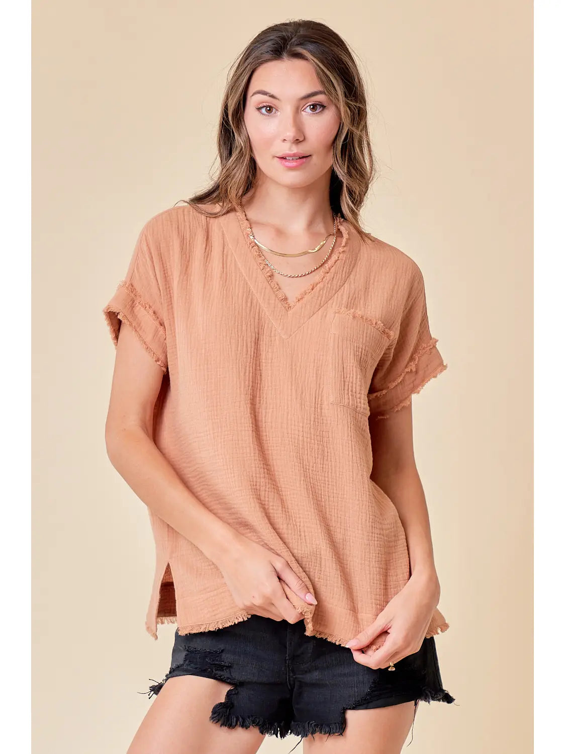All Aboard Frayed V-Neck Top