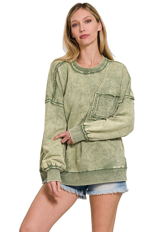 Jessica Acid Washed Front Pocket Sweater - Olive