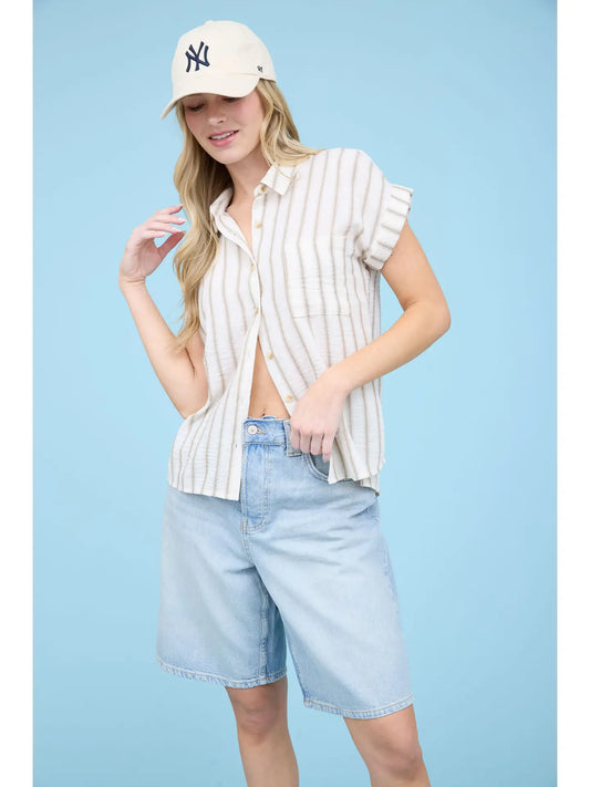 Roll Call Striped Front Button Top - Khaki