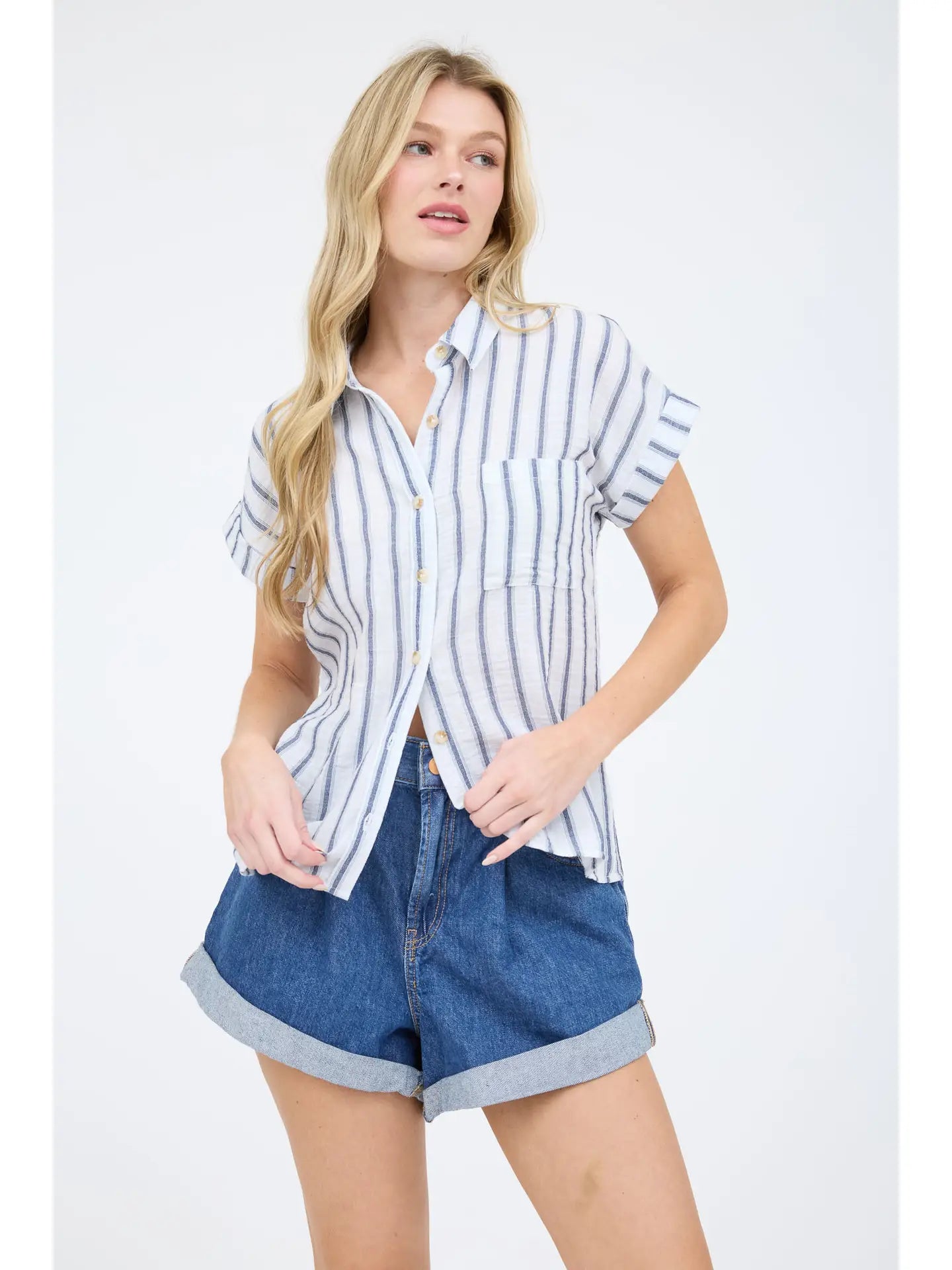 Roll Call Striped Front Button Top - Navy