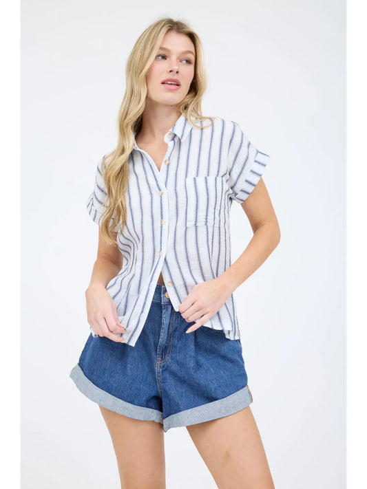 Roll Call Striped Front Button Top - Navy