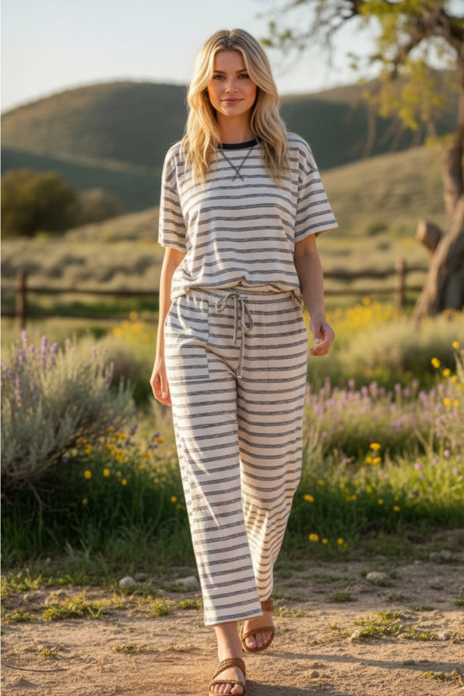 Hartley Striped Top & Pants Set - Oat/Brown