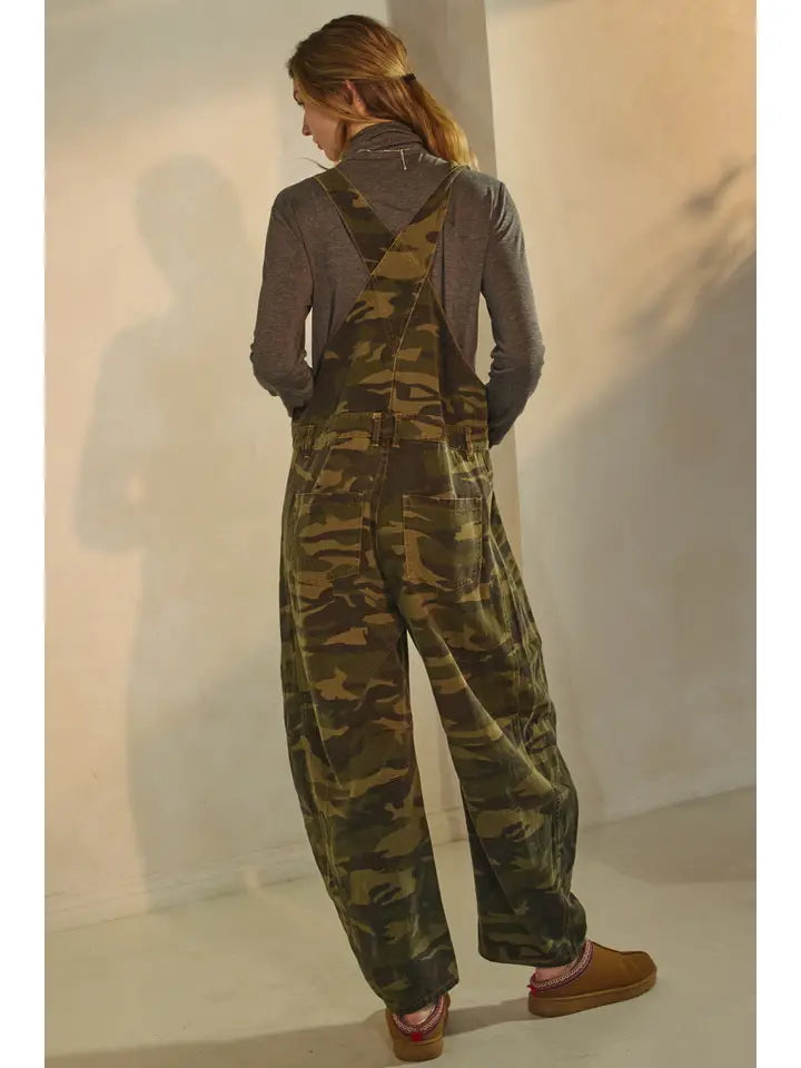 Camo Denim Barrel Overall Jumpsuit