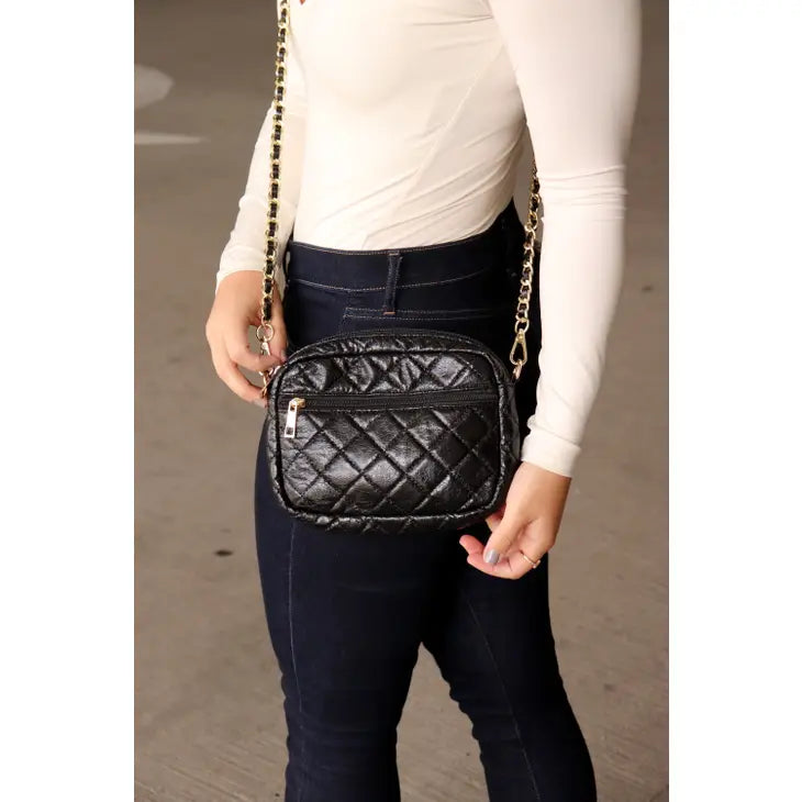 Black Metallic Quilted Crossbody Bag