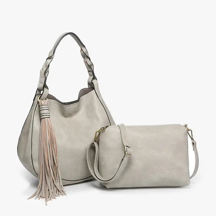 Eloise Large Tassel Hobo with Braided Handle - Grey