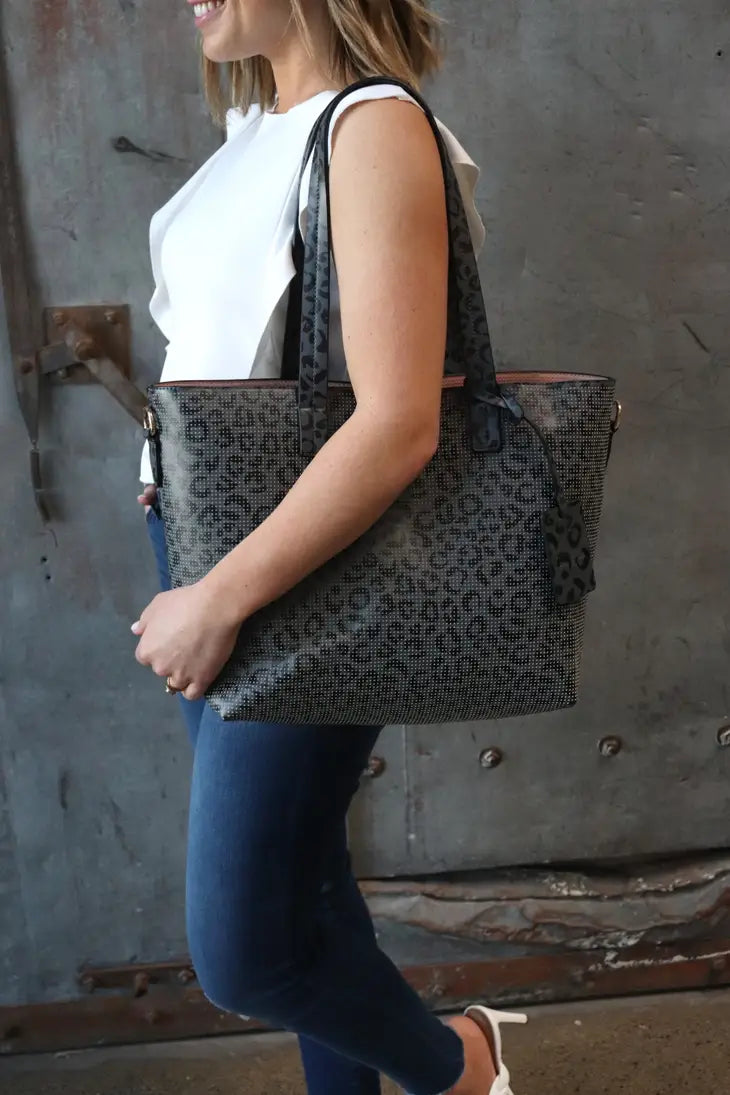 Black Cheetah Perforated Leather Handbag