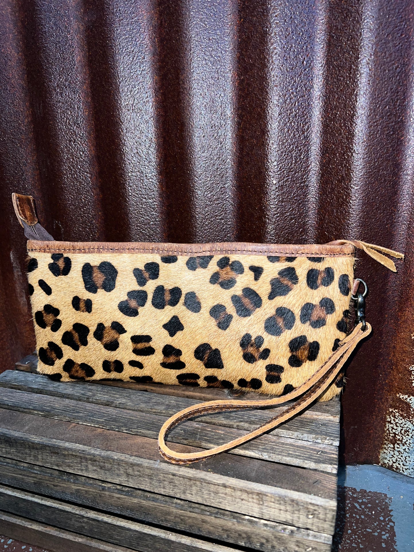 Carrie Genuine Leather Leopard Wristlet