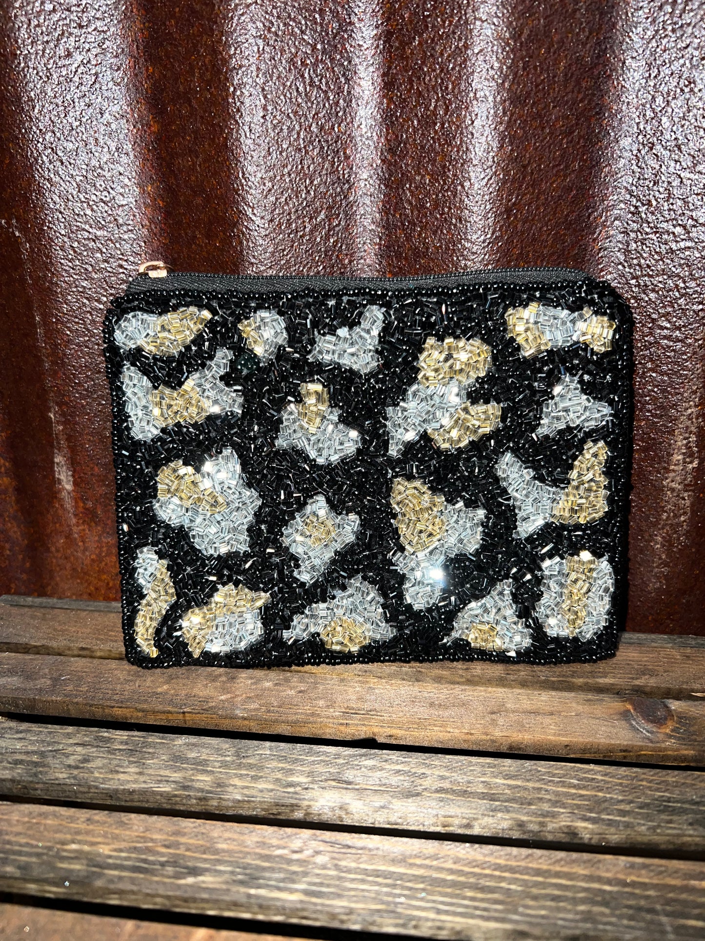 Black Leopard Beaded Pouch