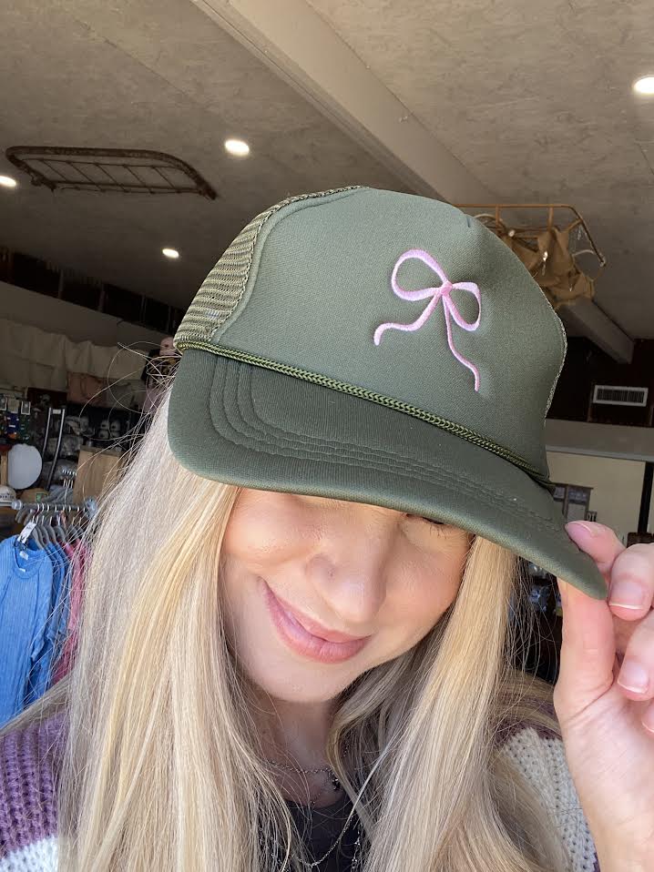 Embroidery Bow Trucker Hat - Olive