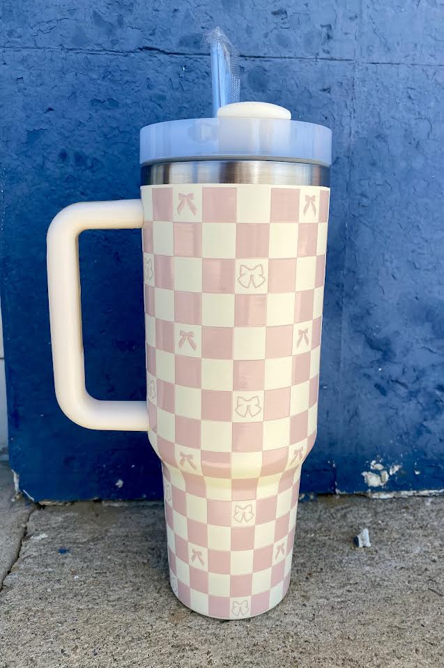 40oz Tumbler - Off White Checkered Bow