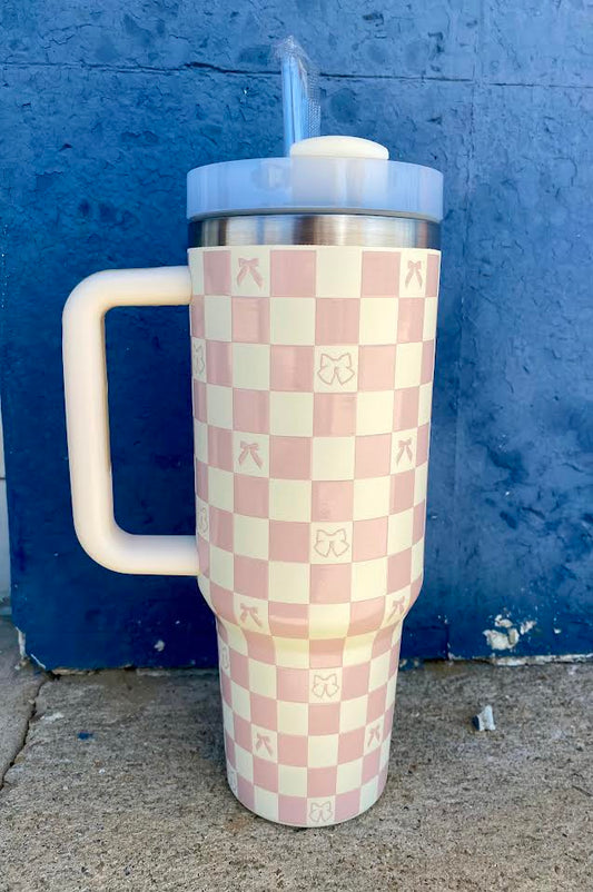 40oz Tumbler - Off White Checkered Bow