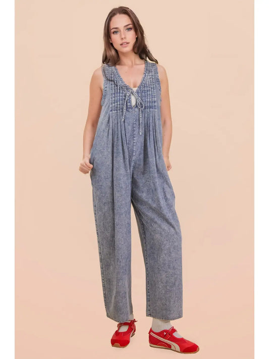 Melany Pintuck Tie V Neck Denim Wide Leg Jumpsuit