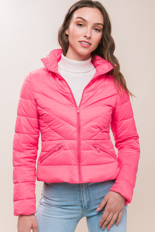 Zip Up Puffer Jacket w/ Bag - Pink
