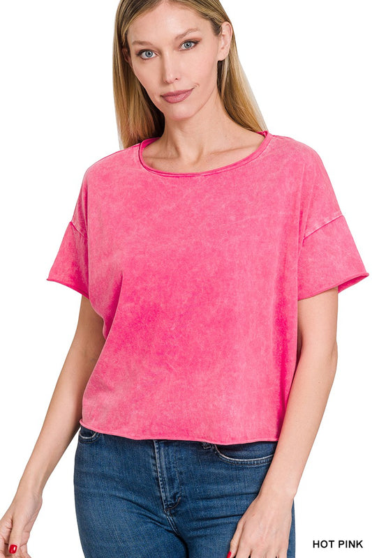 Kickin' it Back Mineral Washed Crop Top - Hot Pink