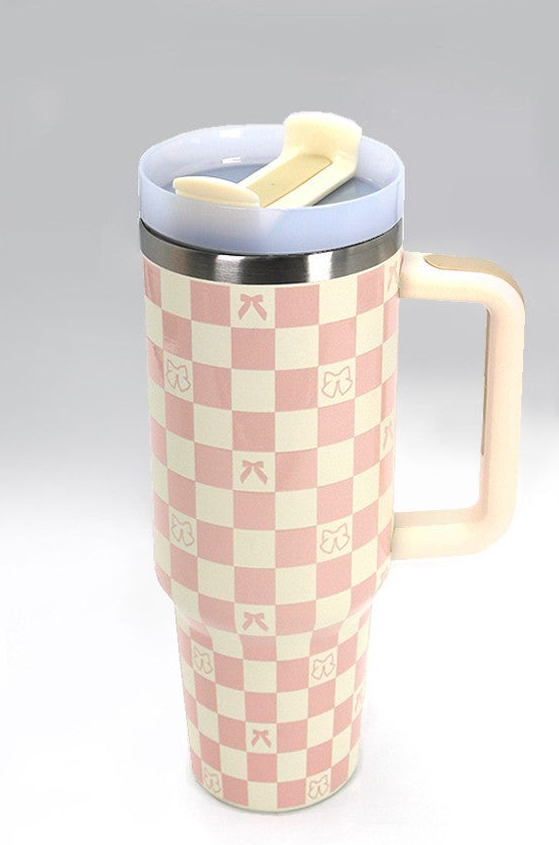 40oz Tumbler - Off White Checkered Bow