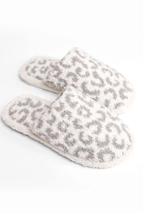 Leopard Print Fuzzy Slippers - Gray