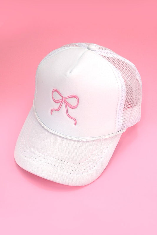 Embroidery Bow Trucker Hat - White