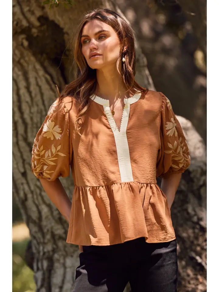 Sunset Bloom Embroidered Peplum Top