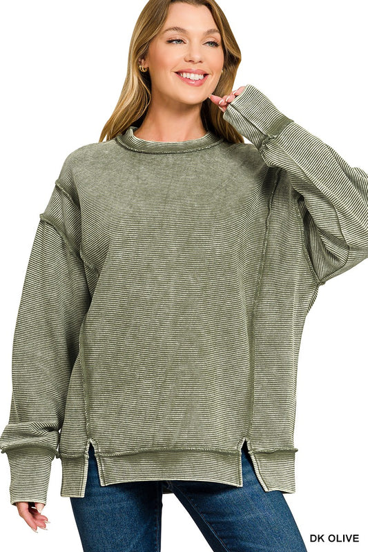 Kane Acid Washed Ribbed Sweater - Dark Olive