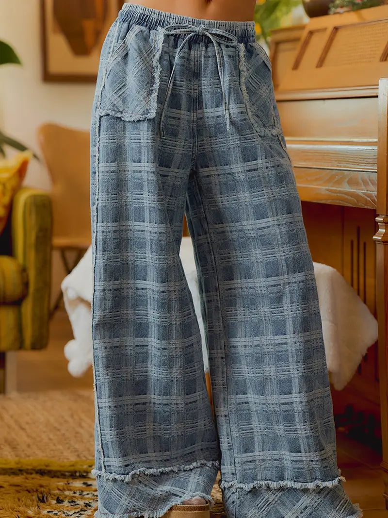 Kelcie Frayed Detail Plaid Wide Leg Pants