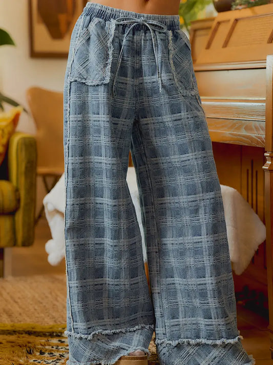 Kelcie Frayed Detail Plaid Wide Leg Pants