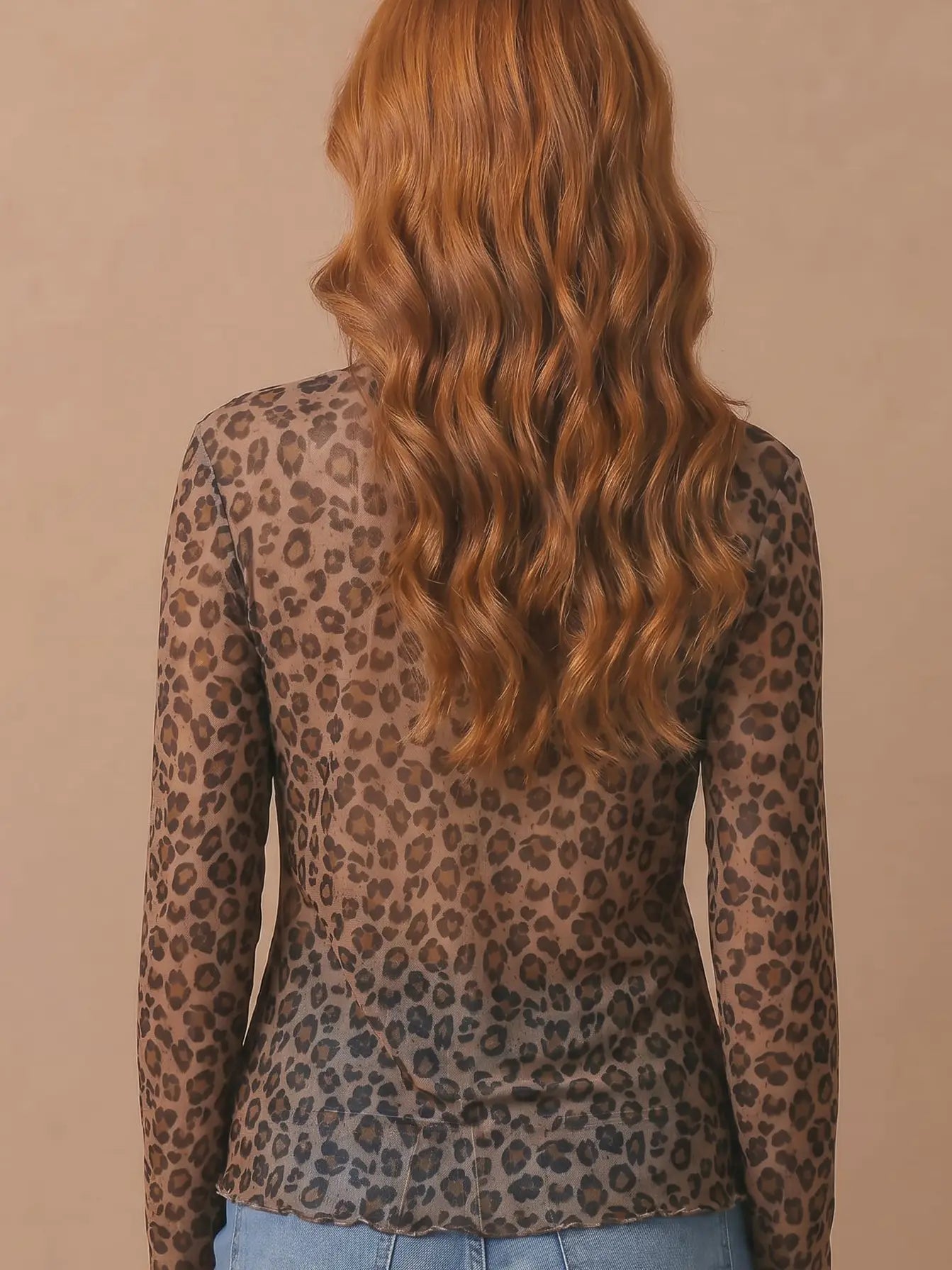 High Neck Long Sleeve Leopard Mesh Top