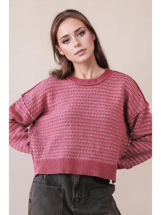 Two Tone Textured Knit Casual Sweater Top - Mauve
