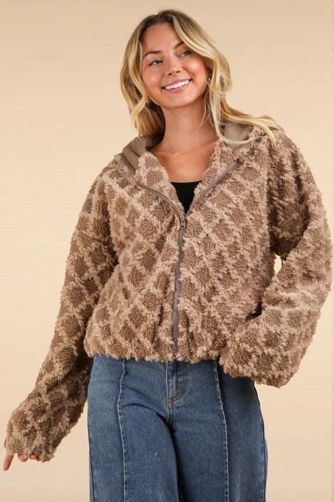 City Chic Fuzzy Hooded Jacket - Mocha