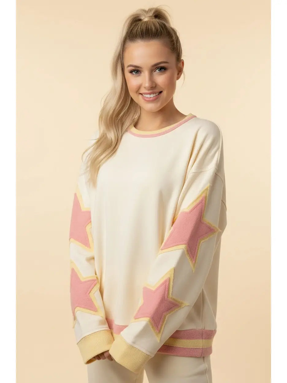 Pink Starry Night Long Sleeve Sweater Top - Cream