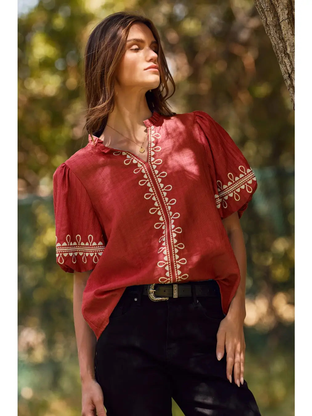 Solid Embroidered Short Bubble Sleeve Blouse - Red