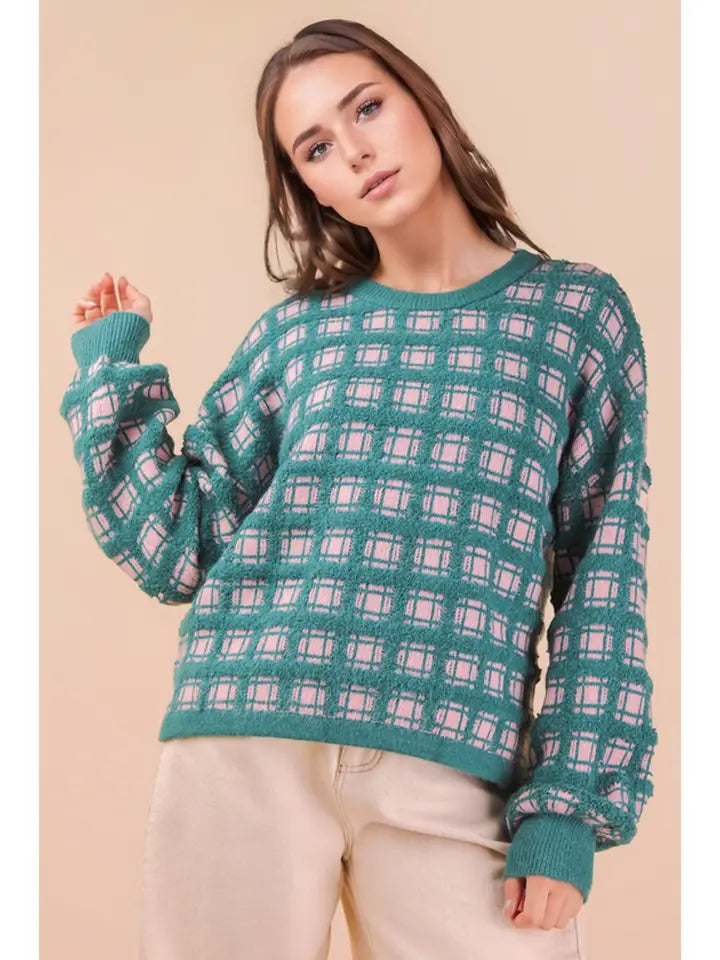 Green Checker Knit Soft Yarn Sweater