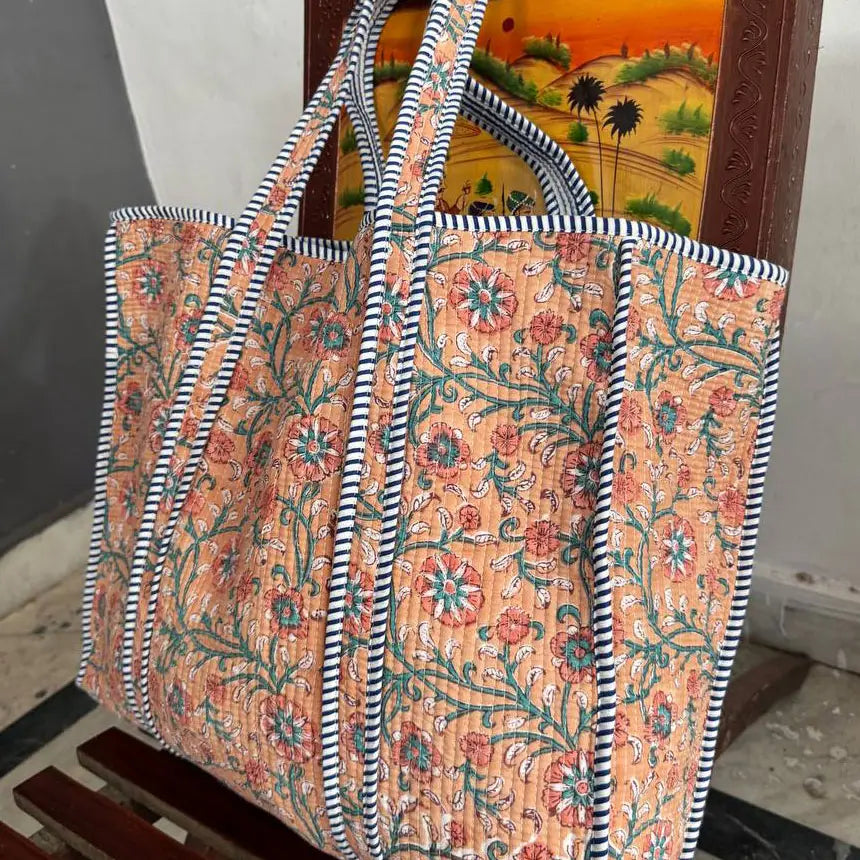 Floral Block Print Quilted Tote Bag - Salmon