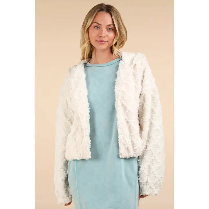 City Chic Fuzzy Hooded Jacket - Cream