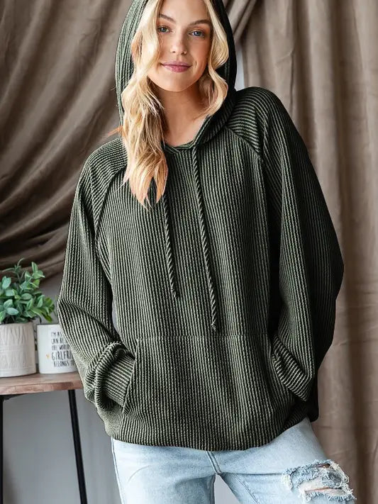 Long Puff Sleeve Solid Urban Ribbed Hoodie Top