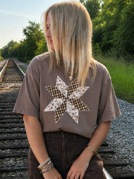 Brown Quilted Star Cottage Core Tee