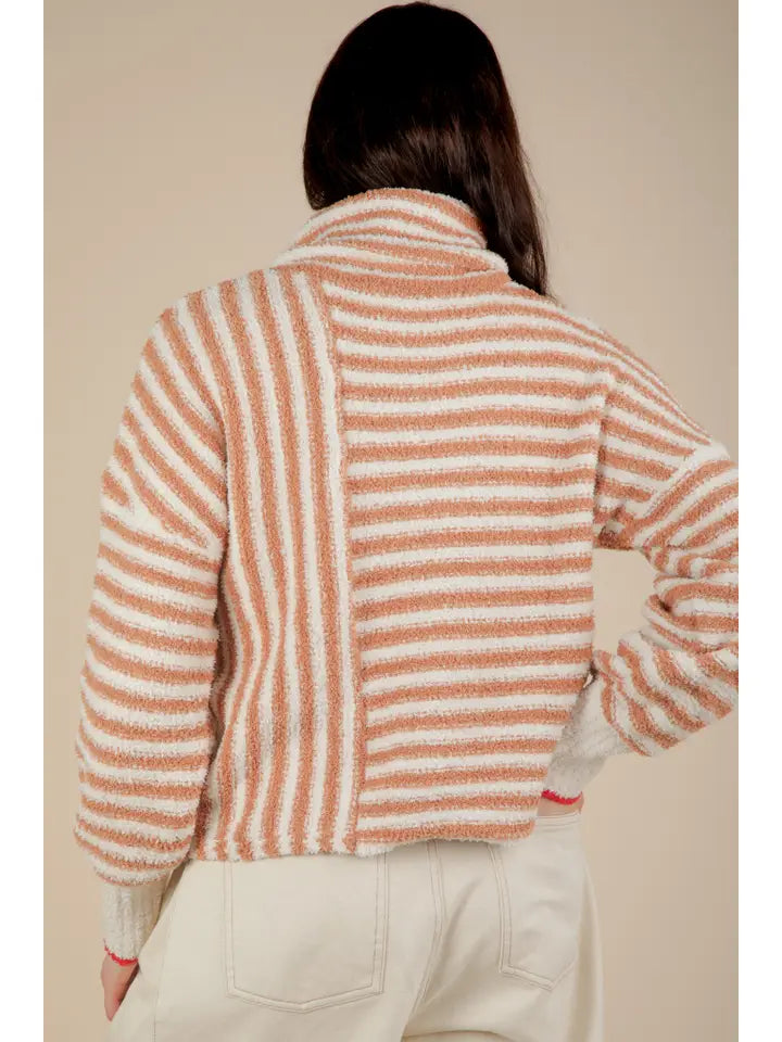 Mocha Mock Neck Soft Striped Knit Sweater Top