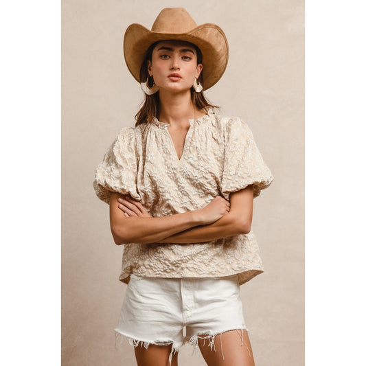 Daisy Floral Pattern Textured V-Neck Top