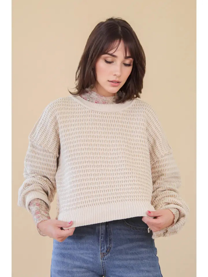 Two Tone Textured Knit Casual Sweater Top - Taupe