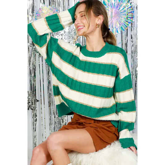 Stripe Season Metallic Sweater - Green