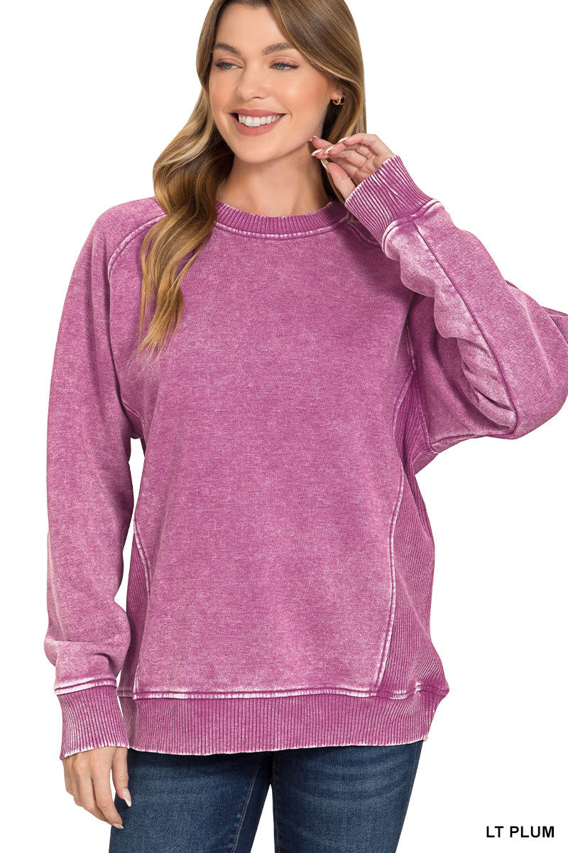 Ribbed Stellar Weekend Acid Wash Sweatshirt - Lt Plum