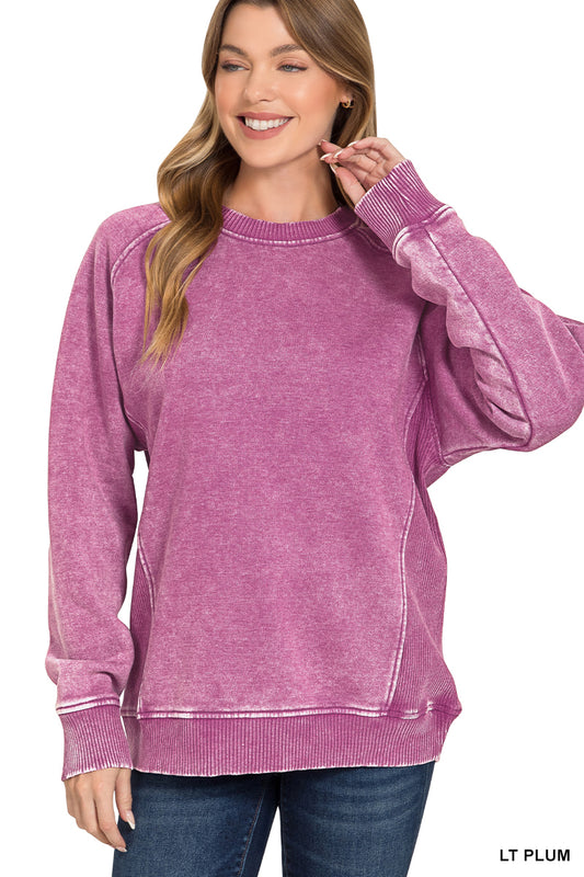 Ribbed Stellar Weekend Acid Wash Sweatshirt - Lt Plum