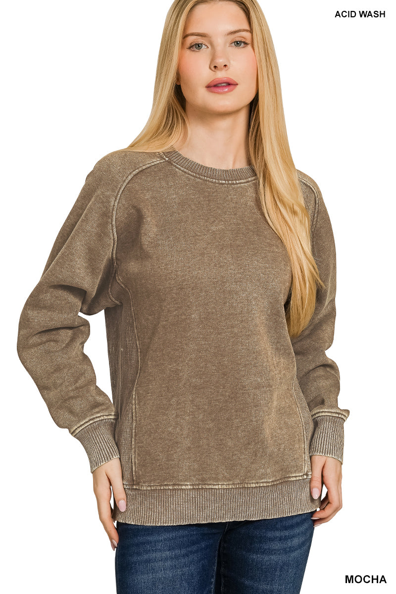 Ribbed Stellar Weekend Acid Wash Sweatshirt - Mocha