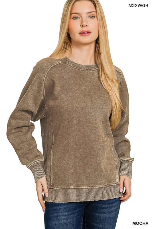 Ribbed Stellar Weekend Acid Wash Sweatshirt - Mocha