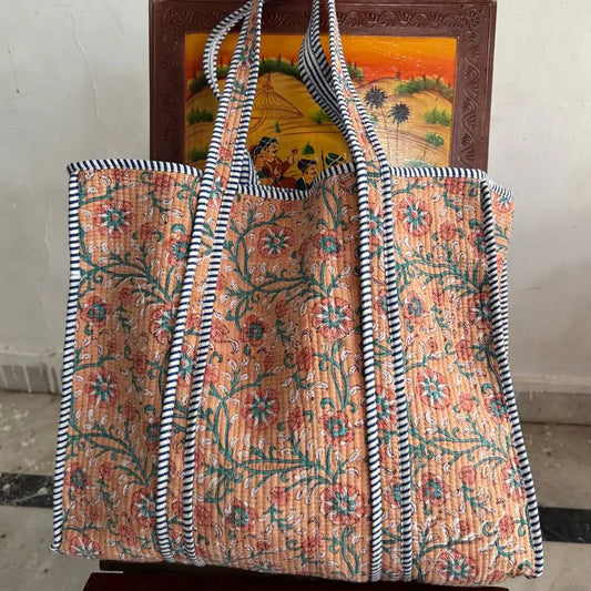 Floral Block Print Quilted Tote Bag - Salmon