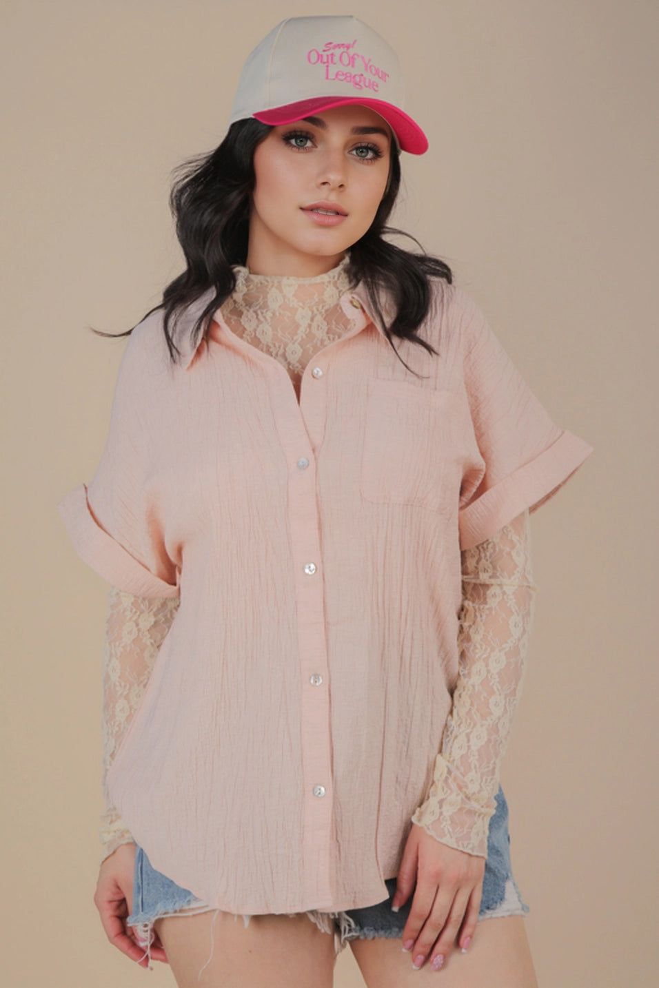 Baby Blues Woven Button Up Top - Blush