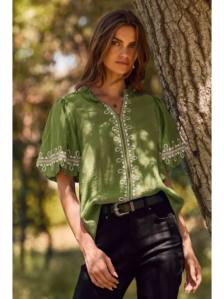 Solid Embroidered Short Bubble Sleeve Blouse - Olive