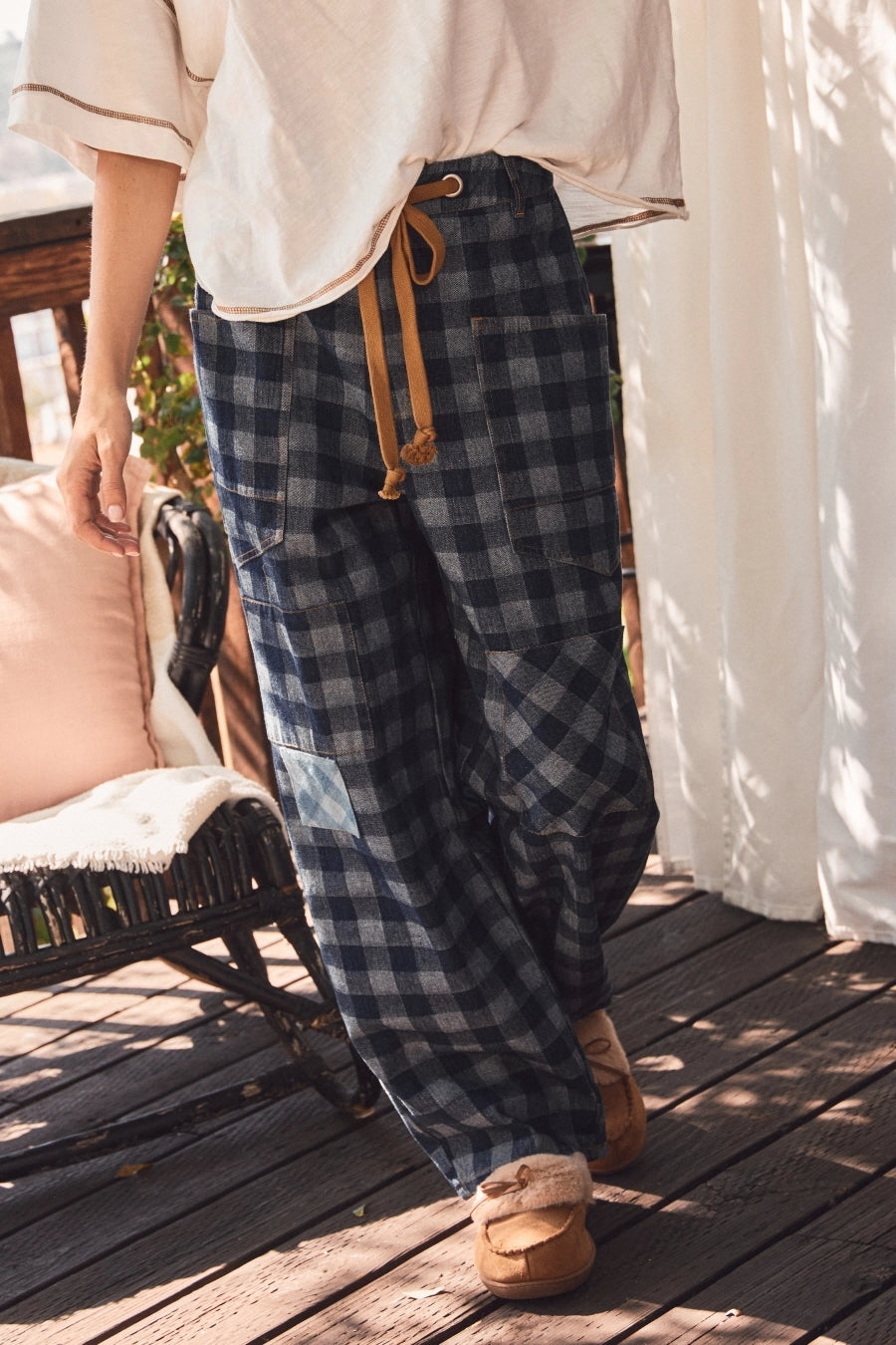 Checkered Patchwork Denim Pants