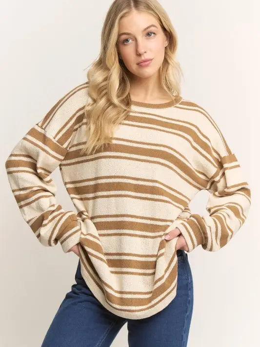 Puff Sleeve Stripe Round Neck Top